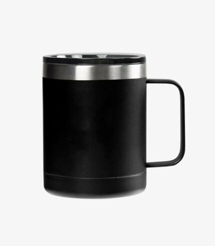 Aroma black coffee mug holds 12 ounces and can be custom logoed.