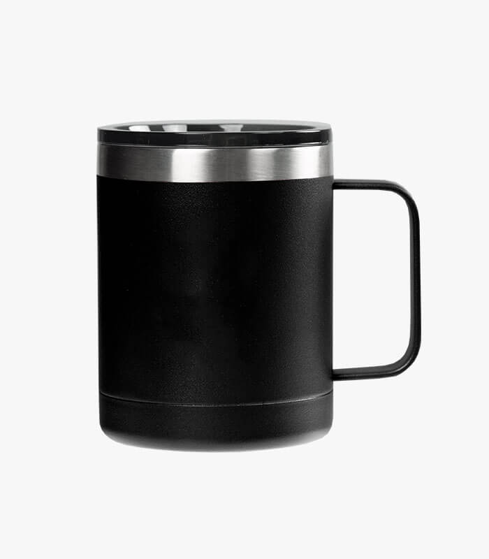 Aroma black coffee mug holds 12 ounces and can be custom logoed.