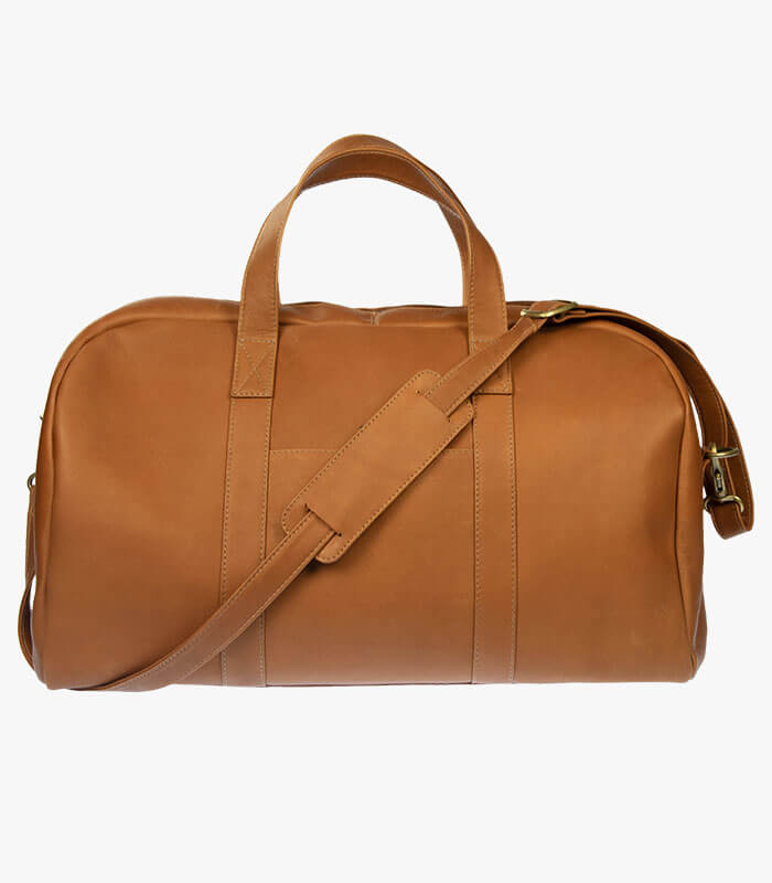 Small leather duffle bag with shoulder strap and carrying handles