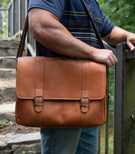 Leather messenger bag engraved with logo
