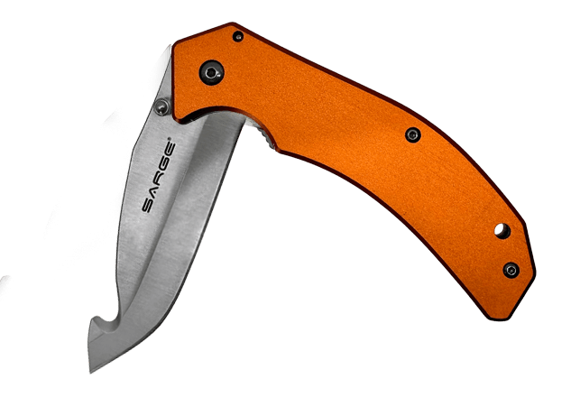 Orange handled assisted opening folding knife with gut hook and satin 440 stainless steel blade, SK-916A.
