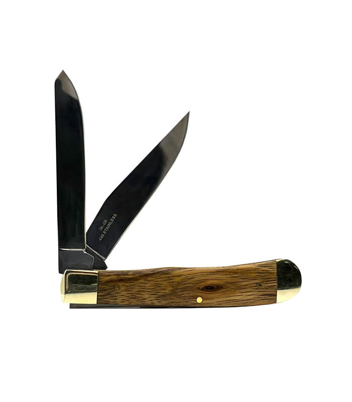 SK-228-sarge-knives-scout-large-zebrawood-2-blade-trapper-Back Open_700x800px Sarge Knives Scout Large Zebrawood 2 Blade Trapper SK-228 featuring polished 440 stainless steel clip point and spey blades with zebrawood handles.