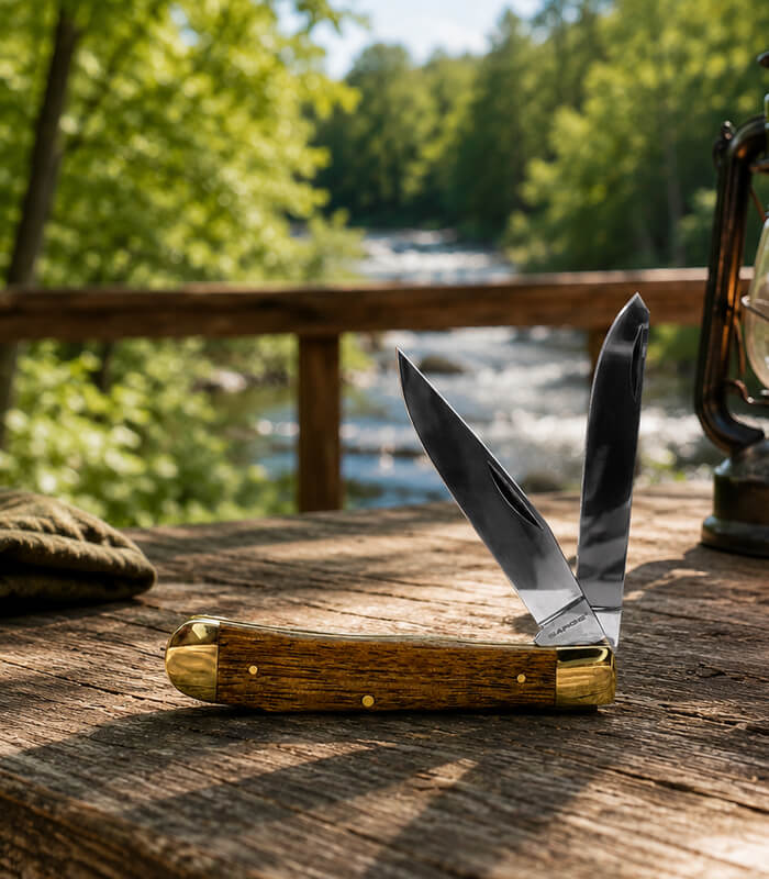 SK-228-sarge-knives-scout-large-zebrawood-2-blade-trapper-LS On Table_2 Blades_700x800px Sarge Knives Scout Large Zebrawood 2 Blade Trapper SK-228 featuring polished 440 stainless steel clip point and spey blades with zebrawood handles.