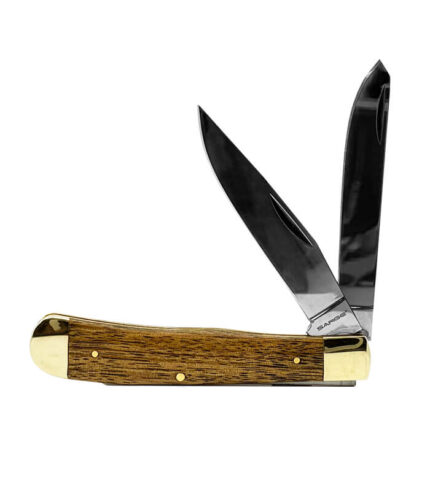 Sarge Knives Scout Large Zebrawood 2 Blade Trapper SK-228 featuring polished 440 stainless steel clip point and spey blades with zebrawood handles.
