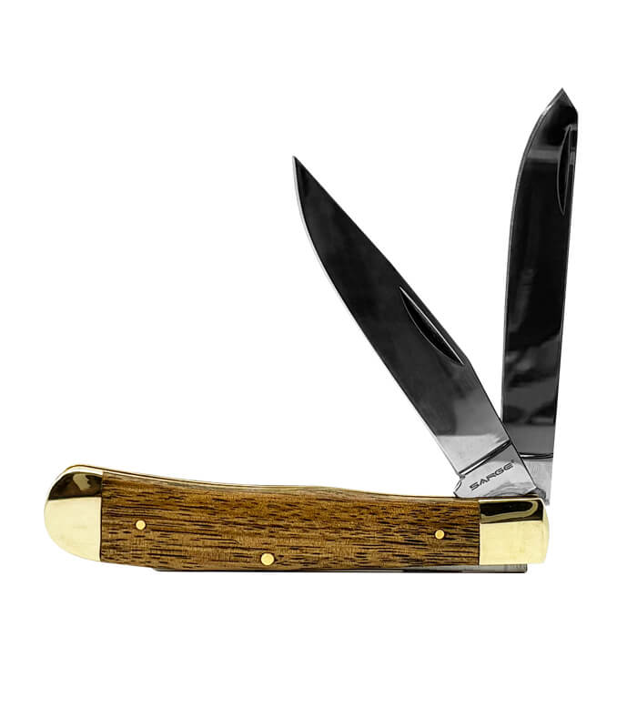 SK-228-sarge-knives-scout-large-zebrawood-2-blade-trapper_Front Open_700x800px Sarge Knives Scout Large Zebrawood 2 Blade Trapper SK-228 featuring polished 440 stainless steel clip point and spey blades with zebrawood handles.